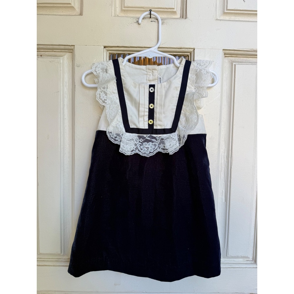 Janie and Jack Navy Velvet Lace Baby Dress Attached Bloomers Size 18-24 Months